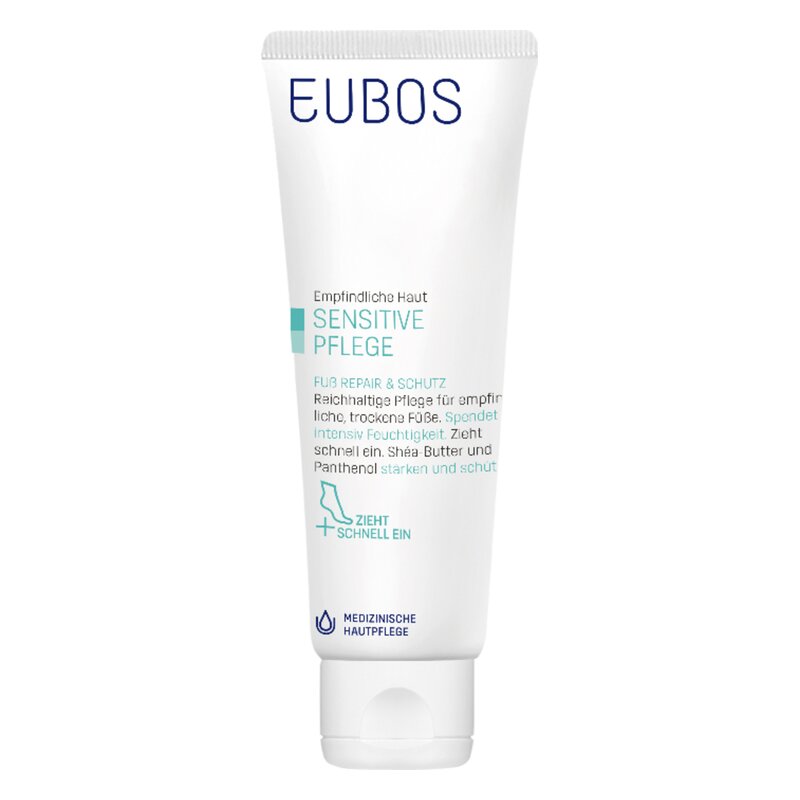 Pflegecreme für empfindliche Haut in einer weißen Tube mit blauer Schrift und medizinischem Hinweis.