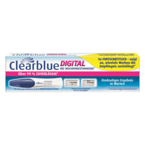 Verpackung eines Clearblue digitalen Schwangerschaftstests mit Wochenbestimmung, zeigt Zuverlässigkeit und Anwendungshinweise.