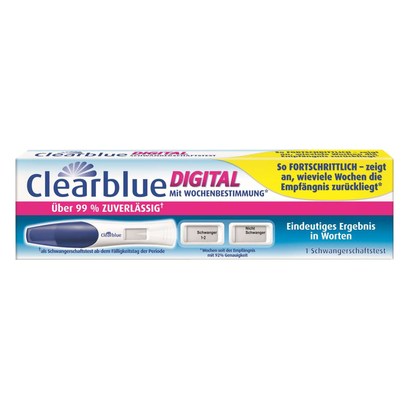 Verpackung eines Clearblue digitalen Schwangerschaftstests mit Wochenbestimmung, zeigt Zuverlässigkeit und Anwendungshinweise.