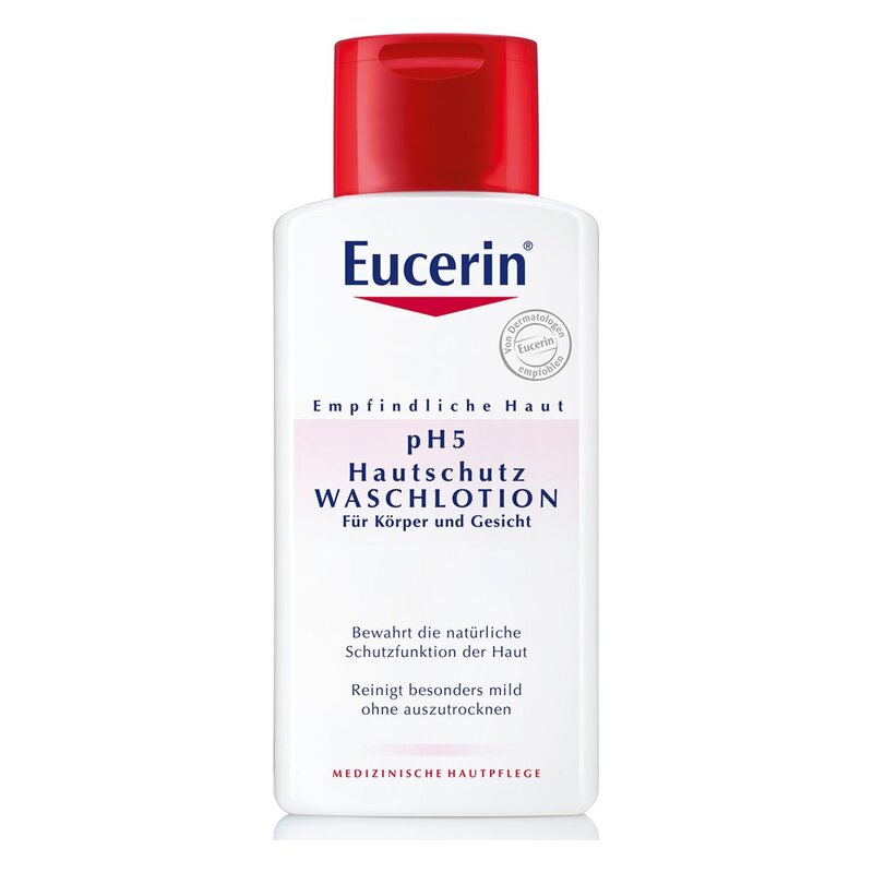 Flasche Eucerin pH5 Hautschutz Waschlotion für empfindliche Haut, mit rotem Deckel und beschreibendem Etikett.