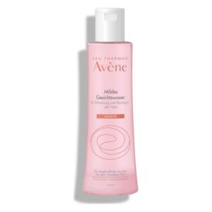 Flasche mit milder Gesichtswasser-Lotion in rosa Verpackung, zur Hautberuhigung und Erfrischung.