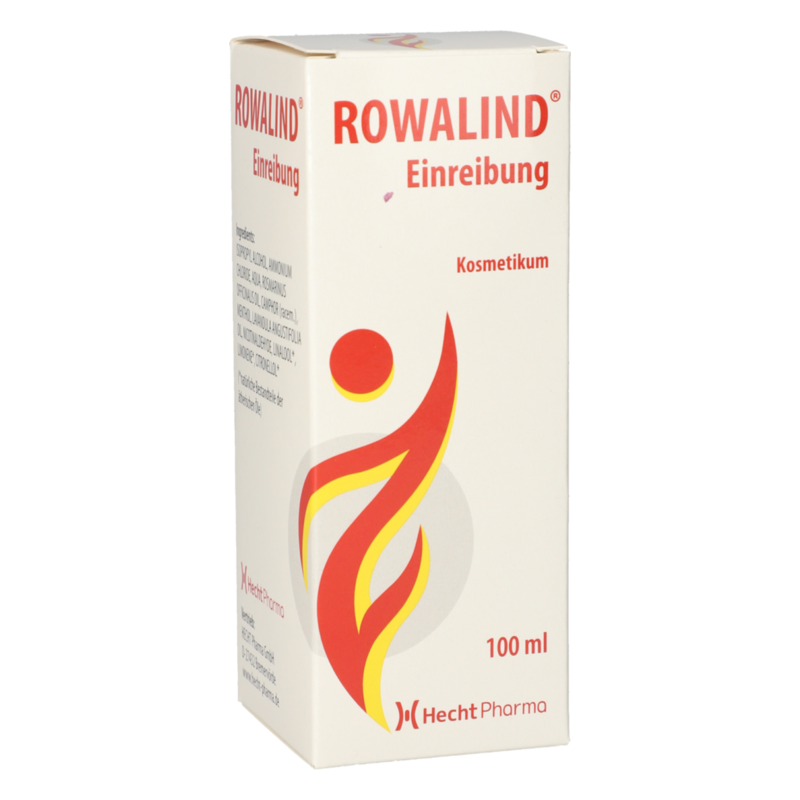 Verpackung eines kosmetischen Produkts namens Rowalind, 100 ml, mit einem rot-gelben Design und einem grafischen Symbol auf der Seite.