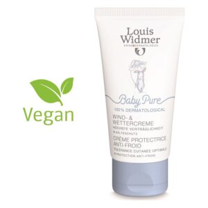 Tube mit Baby Pure Wind- und Wettercreme von Louis Widmer, vegan, mit abgebildetem Hasen und grüner Pflanzenmarkierung.