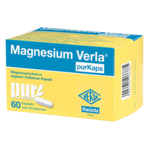 Verpackung von Magnesium Verla purKaps, veganen Cellulose-Kapseln in einer gelben Schachtel mit blauen Schriftzügen.