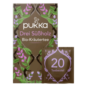Verpackung von Pukka Drei Süßholz Bio-Kräutertee mit floralem Design und Teebeuteln.