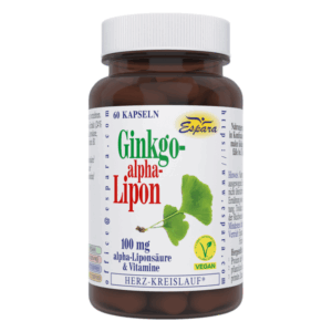 Brauner Kunststoffbehälter mit 60 Kapseln, beschriftet mit Ginkgo-alpha-Lipon und Zutateninformationen.