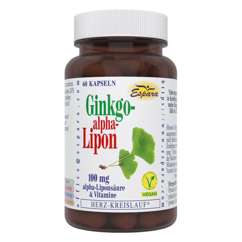 Brauner Kunststoffbehälter mit 60 Kapseln, beschriftet mit Ginkgo-alpha-Lipon und Zutateninformationen.