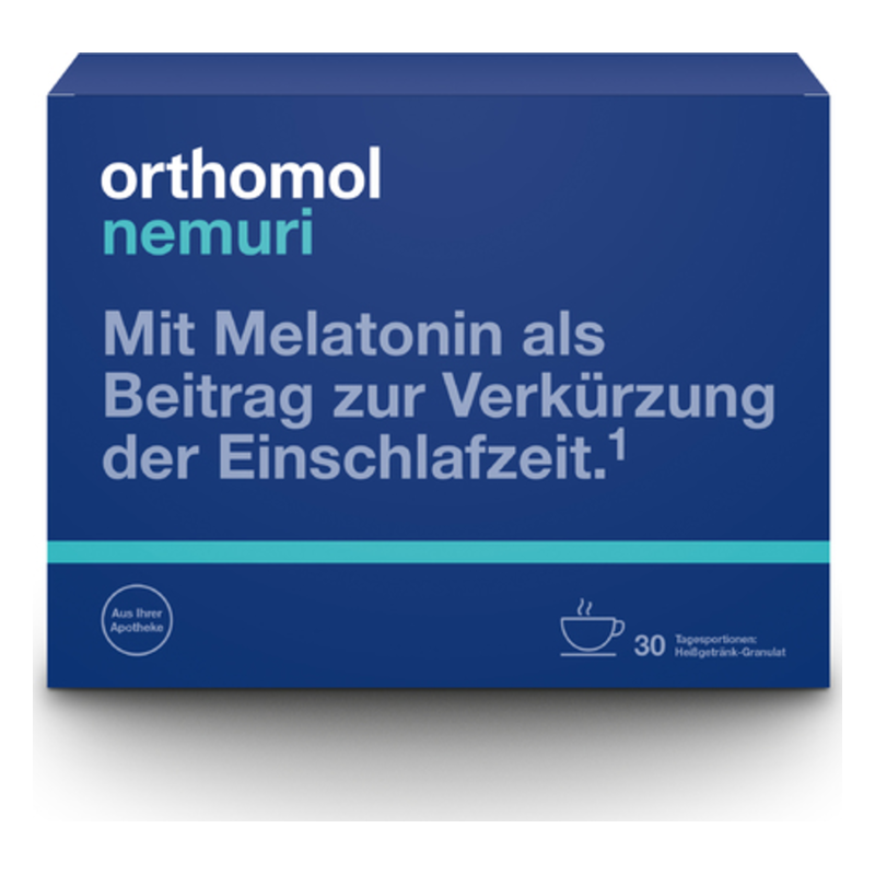 Die Verpackung von orthomol nemuri, einem Melatonin-Hilfsmittel zur Verkürzung der Einschlafzeit, in blauer Box.