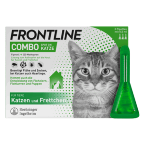 Verpackung des Frontline Combo Spot On für Katzen mit Pipetten und Abbildung einer Katze.