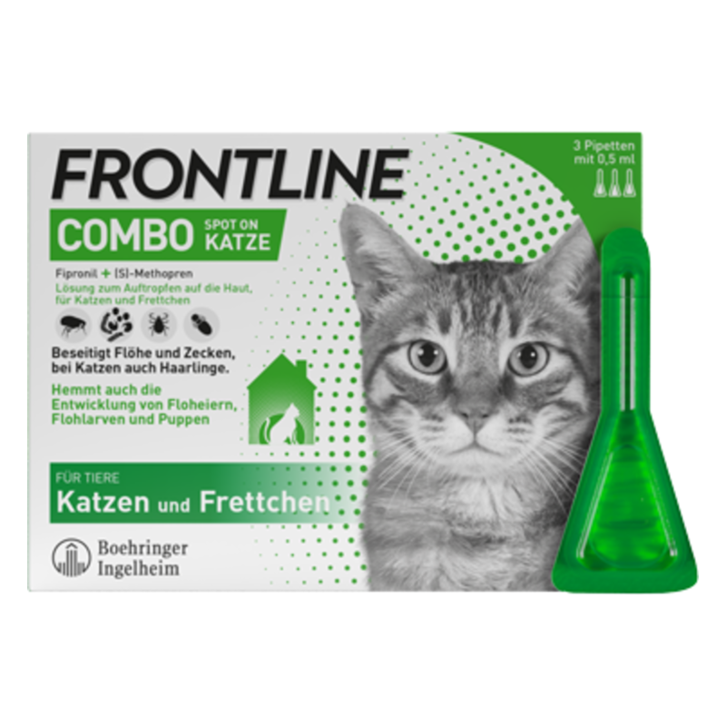 Verpackung des Frontline Combo Spot On für Katzen mit Pipetten und Abbildung einer Katze.