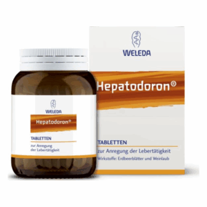 Braune Flasche mit der Aufschrift "Hepatodoron" von Weleda und einer Verpackung, die Informationen über die Tabletten enthält.