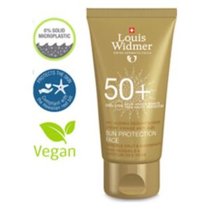 Sonnenschutzcreme für das Gesicht, LSF 50+, vegan, in goldfarbener Tube, mit Umweltschutz-Symbolen.