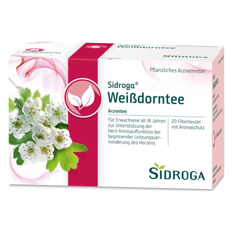 Verpackung von Sidroga Weißdorntee, einem pflanzlichen Arzneimittel zur Unterstützung der Herz-Kreislauffunktion.