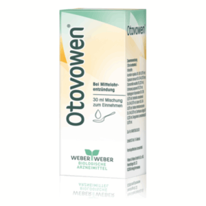 Packung des Arzneimittels Otovowen zur Behandlung von Mittelohrentzündungen, 30 ml, mit Dosierungshinweis.