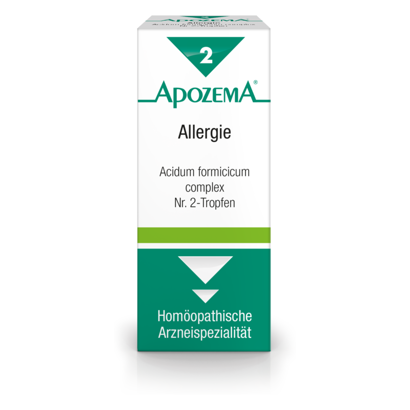 Verpackung eines homöopathischen Mittels gegen Allergien mit der Aufschrift «Apozema» in grün und weiß.