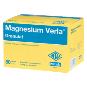 Packung mit Magnesium Verla Granulat, gelb mit blauer Schrift, enthält 50 Beutel à 5 g zur Herstellung einer Lösung.