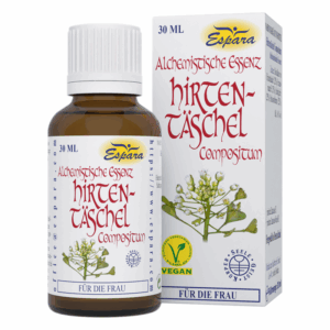 Braune Flasche mit alchemistischer Essenz Hirten-Täschel, 30 ml, in umweltfreundlicher Verpackung.