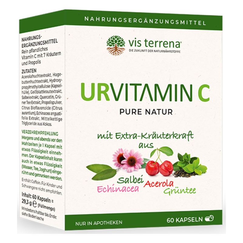 Verpackung des Nahrungsergänzungsmittels URVITAMIN C mit Kräuterextrakten, klare Gestaltung, grüne und weiße Farben.