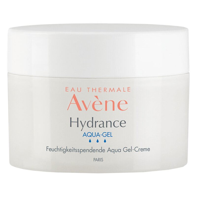 Runde, weiße Cremedose mit einem weißen Schraubdeckel, beschriftet mit 'Avene Hydrance Aqua-Gel' in bunten Buchstaben.