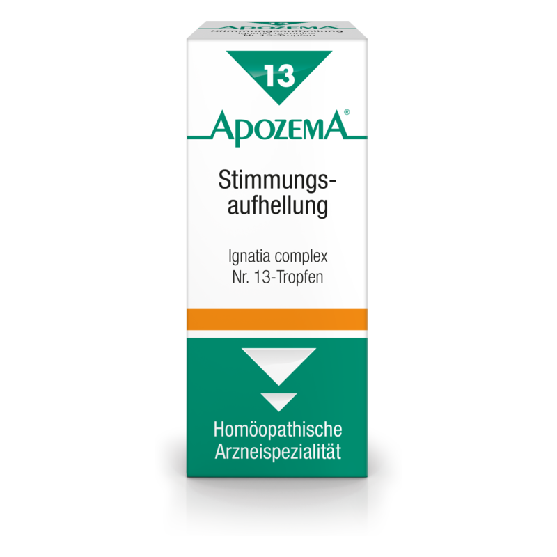 Packung mit homöopathischen Tropfen zur Stimmungsaufhellung, gekennzeichnet als Ignatia complex Nr. 13.