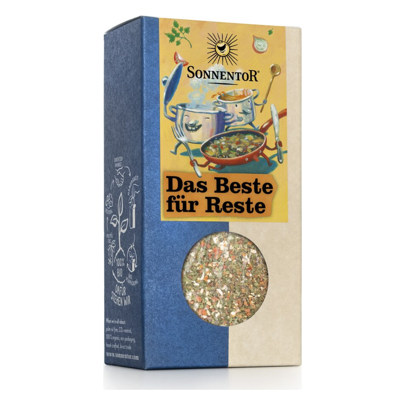 Pappverpackung mit dem Aufdruck "Das Beste für Reste" und einer Sichtöffnung, die Gewürzmischung zeigt.