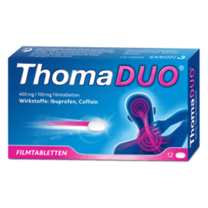 Schachtel ThomaDUO Filmtabletten mit der Schriftart und Farbschema, Dosierung und Hauptinhaltsstoffen Ibuprofen und Coffein.