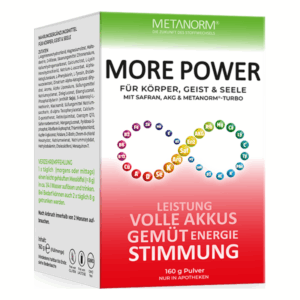 Packung eines Nahrungsergänzungsmittels namens 'More Power' mit Vitaminen und Mineralstoffen zur Unterstützung von Körper und Geist.