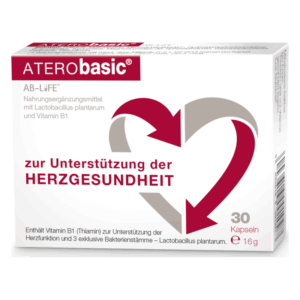 Verpackung von ATERObasic, einem Nahrungsergänzungsmittel zur Unterstützung der Herzgesundheit mit Vitaminen und Bakterienstämmen.