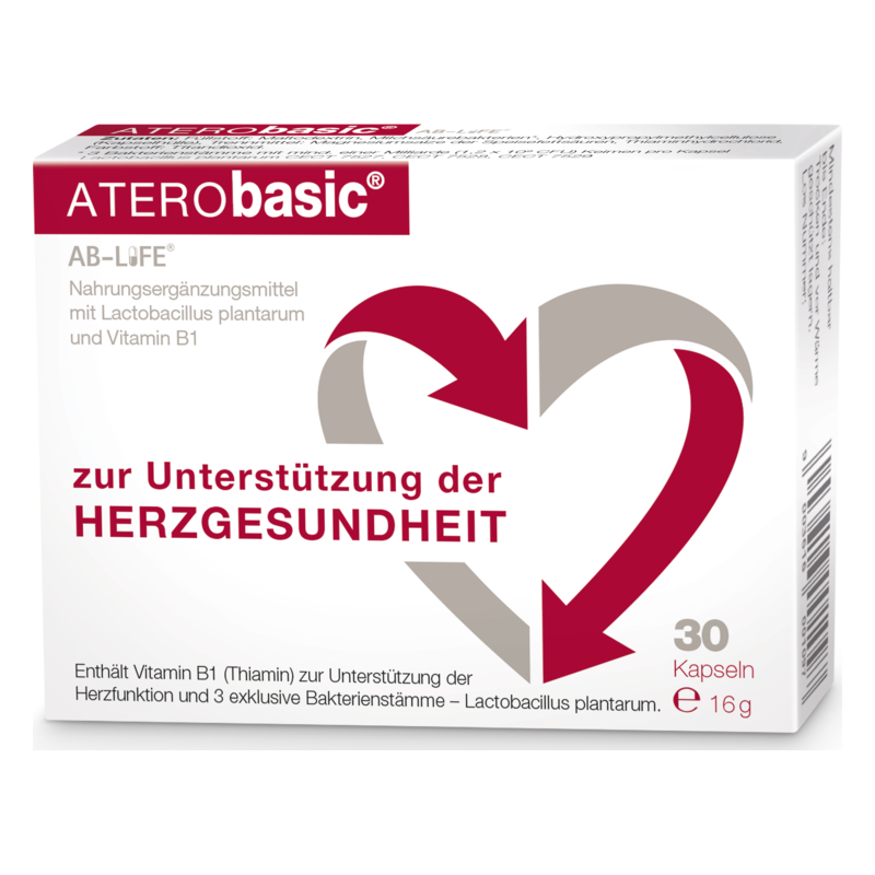 Verpackung von ATERObasic, einem Nahrungsergänzungsmittel zur Unterstützung der Herzgesundheit mit Vitaminen und Bakterienstämmen.