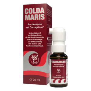 ColdMaris Rachenspray in braunem Glasfläschchen mit Pumpspender, verpackt in einer roten Schachtel mit Informationen zur Anwendung.