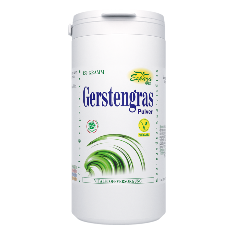 Dose mit Gerstengras Pulver, weiß mit grünem Logo und veganem Symbol, für Vitalstoffversorgung.