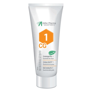 Tube mit Cremegel Nr. 1 für Hautelastizität, vegan, mit orangefarbenem Hexagon-Label und Information zur Anwendung.