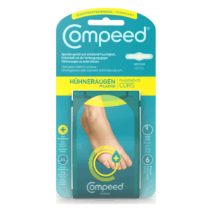 Verpackung von Compeed Hühnerrückenpflaster, zeigt ein freigelegtes Fußmotiv und enthält Hydratationshinweise.