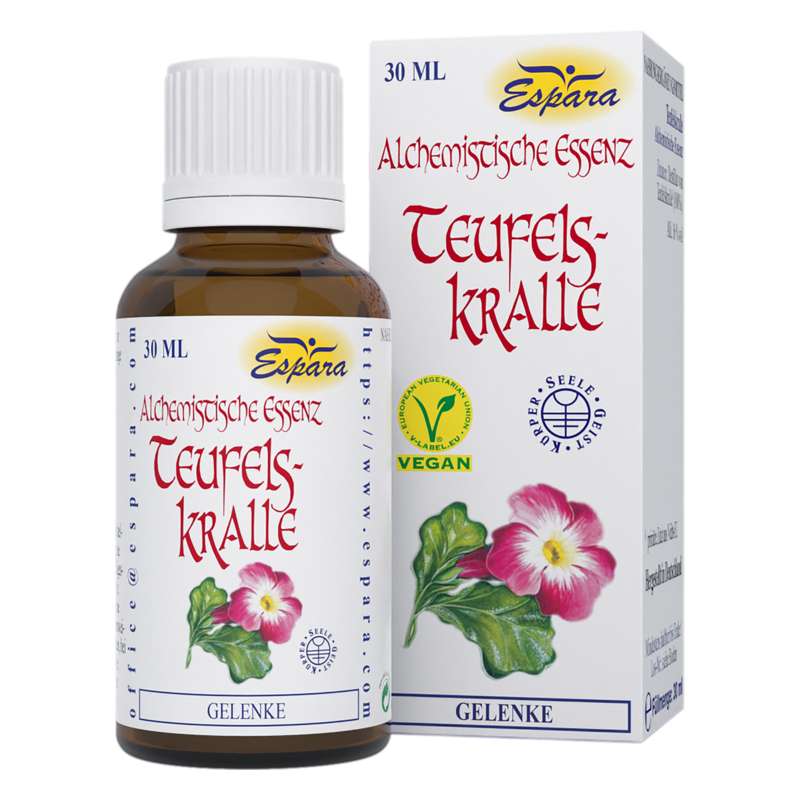 Braune Flasche mit Deckel, Etikett für Teufelskralle, 30 ml alchemistischer Essenz, umgeben von einer Verpackung.
