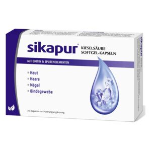 Kartonverpackung von Sikapur Kieselsäure Softgel-Kapseln zur Nahrungsergänzung für Haut, Haare, Nägel und Bindegewebe.