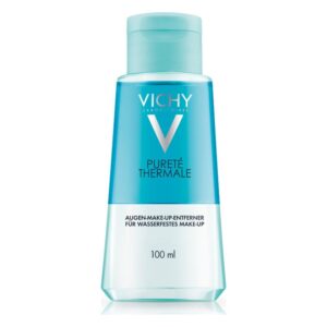 Flasche mit Augen-Make-up-Entferner von Vichy, 100 ml, für wasserfestes Make-up, in blauer Verpackung.