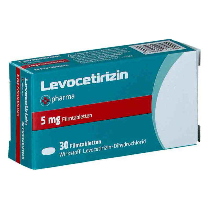 Blisterverpackung mit Levocetirizin-Tabletten, 5 mg, für Allergiebehandlung, enthält 30 Filmtabletten.