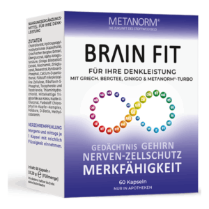 Verpackung des Nahrungsergänzungsmittels "Brain Fit" mit Informationen zu Inhaltsstoffen und Anwendungshinweisen.