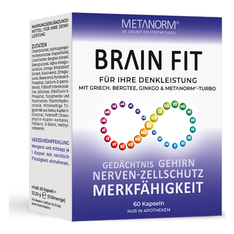 Verpackung des Nahrungsergänzungsmittels "Brain Fit" mit Informationen zu Inhaltsstoffen und Anwendungshinweisen.