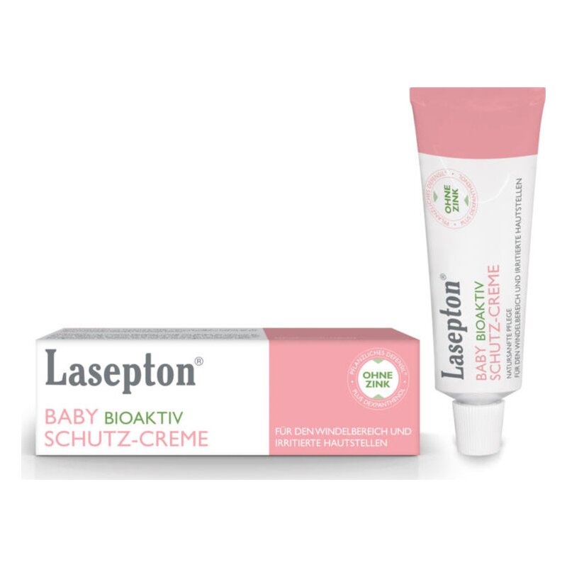 Lasepton Baby Bioaktiv Schutz-Creme in Tube und Verpackung, geeignet für empfindliche Hautstellen ohne Zink.