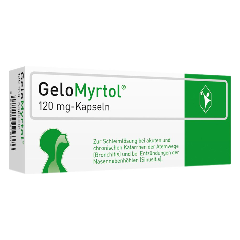 Packung von GeloMyrtol 120 mg-Kapseln, genutzt zur Schleimlösung bei Atemwegserkrankungen und Sinusitis.