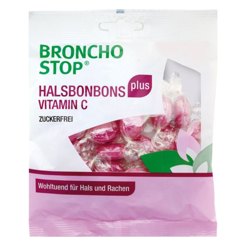 Verpackung von Broncho Stop Halsbonbons plus Vitamin C, zuckerfrei, mit einer rosa Farbgestaltung.