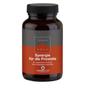 Schwarze Flasche mit Schraubverschluss, beschriftet mit "Synergie für die Prostata" von Terra Nova.