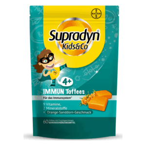 Verpackung von Supradyn Kids&Co IMMUN Toffees mit orangefarbenem Sanddorn-Geschmack, geeignet für Kinder ab 4 Jahren.