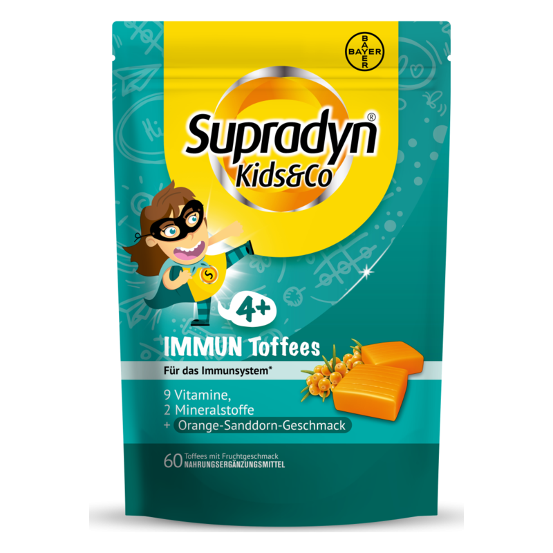 Verpackung von Supradyn Kids&Co IMMUN Toffees mit orangefarbenem Sanddorn-Geschmack, geeignet für Kinder ab 4 Jahren.