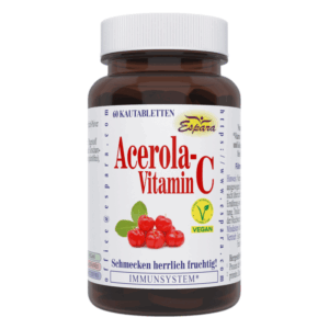 Braune Kunststoffflasche mit 60 Kautabletten Acerola-Vitamin C, vegan, fruchtiger Geschmack, Schild für Immunstützung.