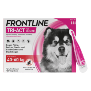 Verpackung von FRONTLINE TRI-ACT für Hunde, bestehend aus einer Lösung gegen Parasiten, mit einem lächelnden Hund auf der Vorderseite.
