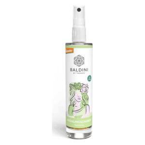 Raumspray in einer transparenten Sprühflasche mit floralem Design und der Aufschrift "FRÜHLINGSZAUBER" von BALDINI.