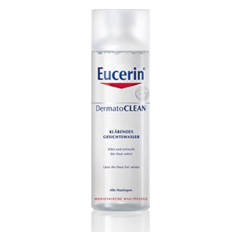Flasche mit klärendem Gesichtswasser von Eucerin, beschriftet mit 'DermatoCLEAN'. Transparentes Design mit blauem und rotem Logo.