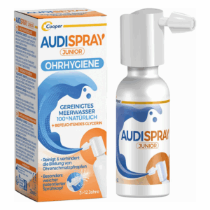 Flasche mit AUDISPRAY Junior zur Ohrhygiene, enthält gereinigtes Meereswasser und Glycerin, für Kinder ab 3 Jahren.